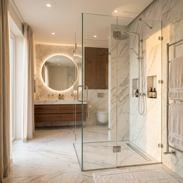 Frameless glass shower enclosure